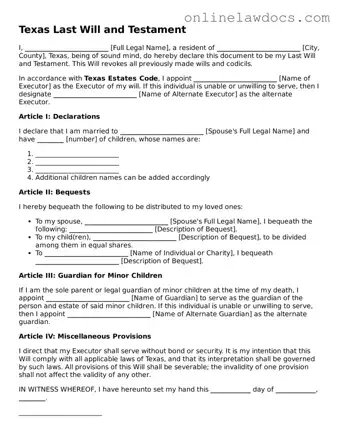 Legal  Last Will and Testament Document for Texas