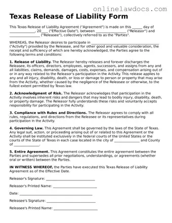 Legal  Release of Liability Document for Texas