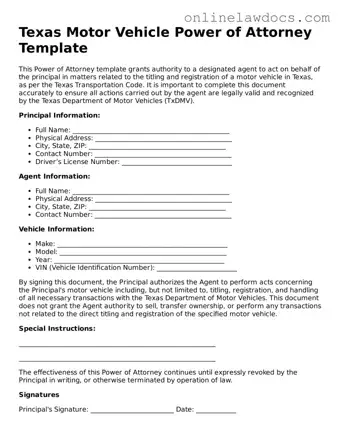Legal  Motor Vehicle Power of Attorney Document for Texas