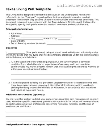 Legal  Living Will Document for Texas