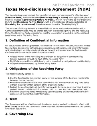 Legal  Non-disclosure Agreement Document for Texas