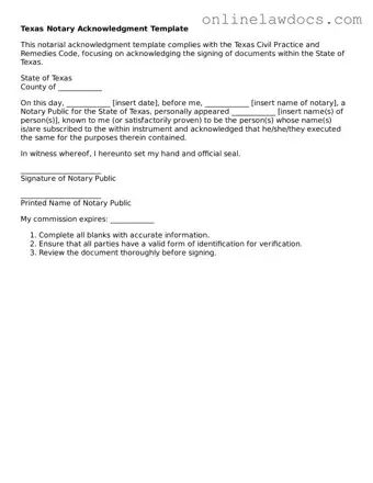Legal  Notary Acknowledgement Document for Texas