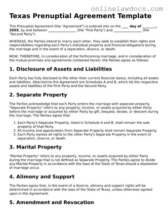 Legal  Prenuptial Agreement Document for Texas