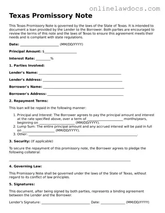 Legal  Promissory Note Document for Texas