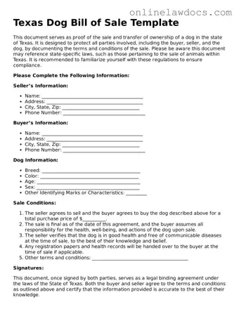 Legal  Dog Bill of Sale Document for Texas