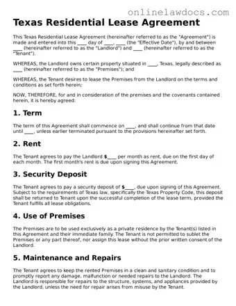 Legal  Residential Lease Agreement Document for Texas