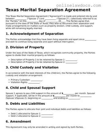 Legal  Marital Separation Agreement Document for Texas