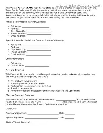 Legal  Power of Attorney for a Child Document for Texas