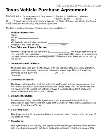 Legal  Vehicle Purchase Agreement Document for Texas