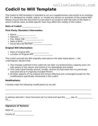 Free Codicil to Will Document