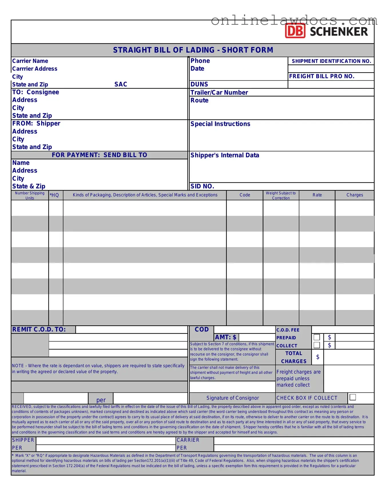 Fill a Valid Straight Bill Of Lading Form