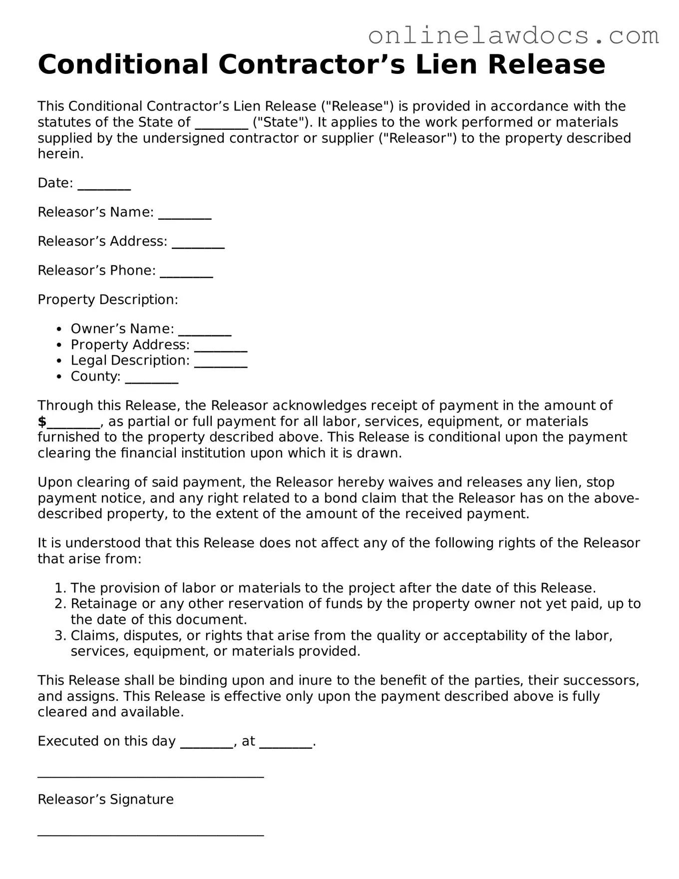 Free Conditional Contractor’s Lien Release Document