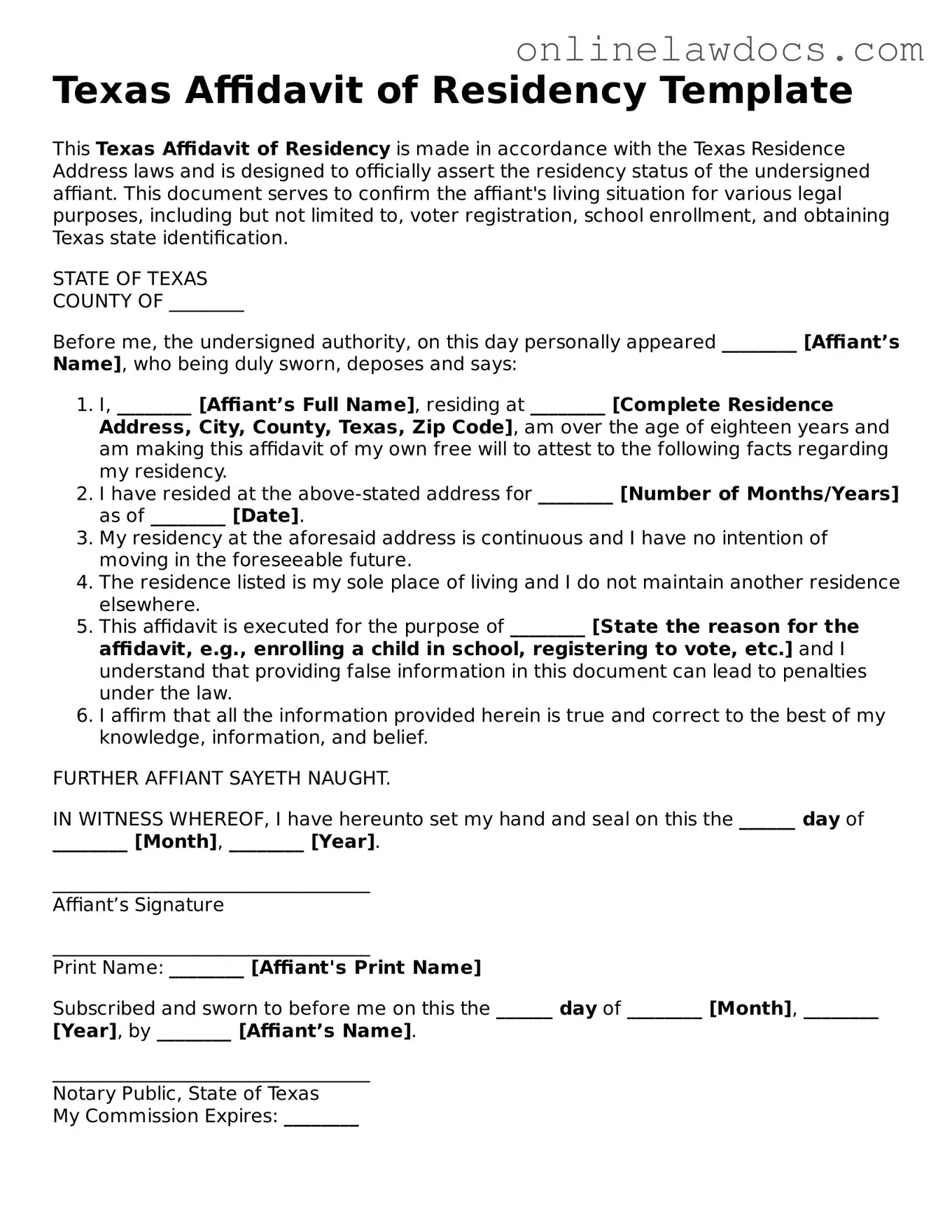 Legal  Affidavit of Residency Document for Texas