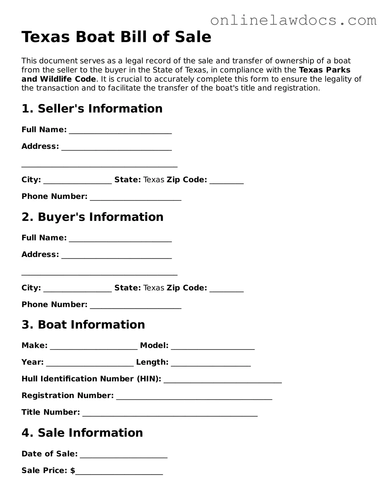 Legal  Boat Bill of Sale Document for Texas