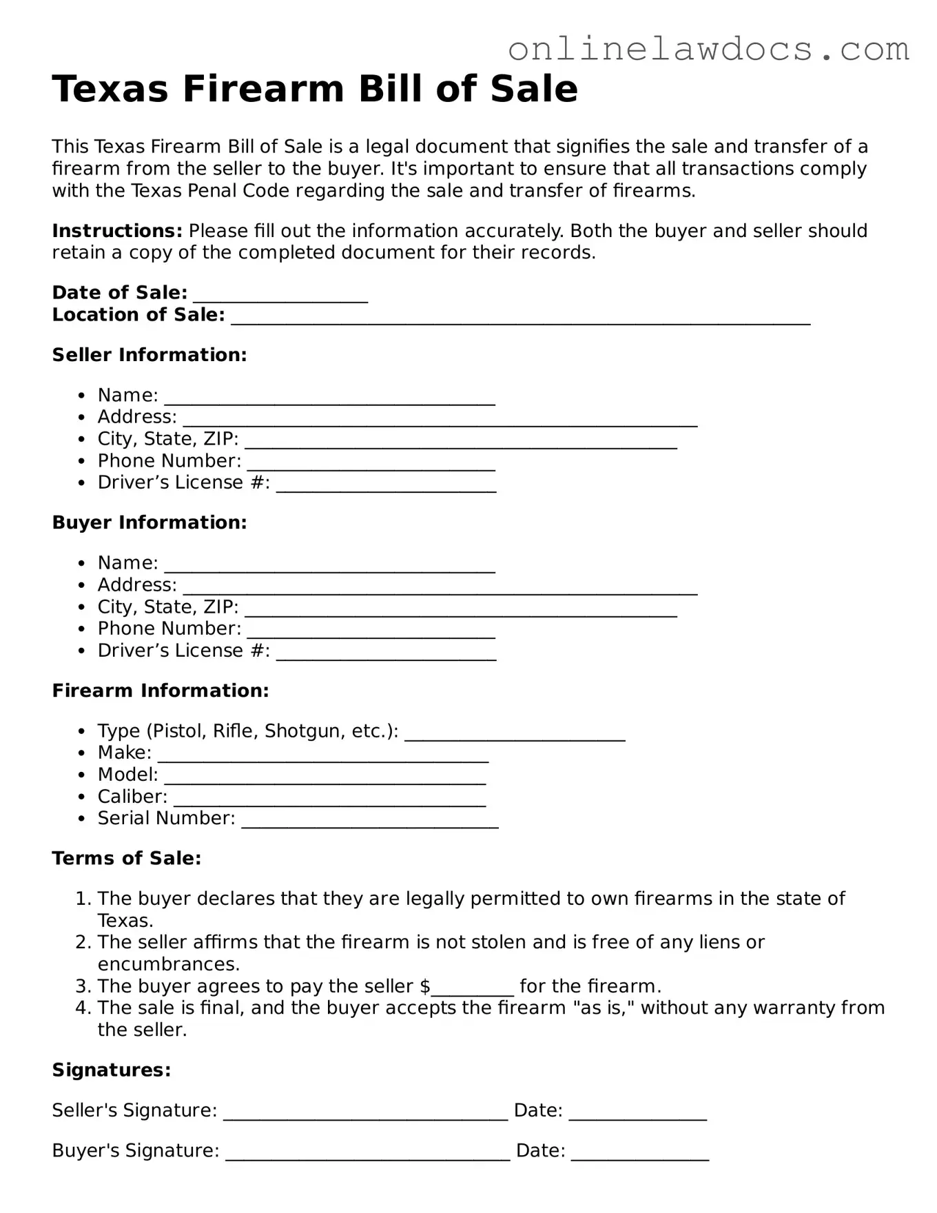 Legal  Firearm Bill of Sale Document for Texas