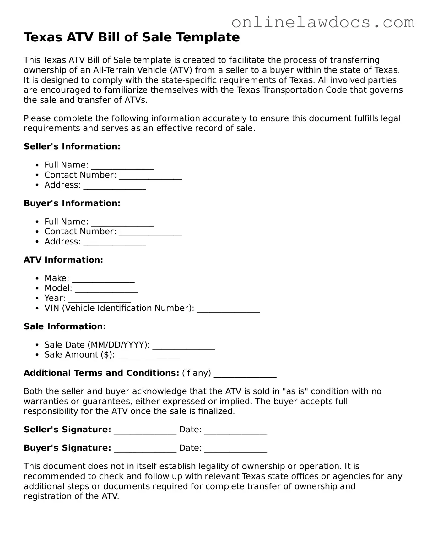 Legal  ATV Bill of Sale Document for Texas