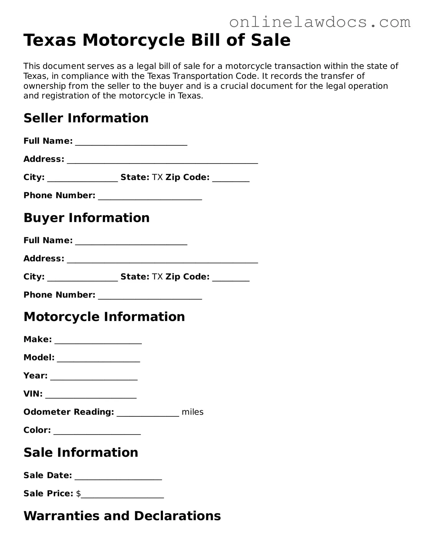 Legal  Motorcycle Bill of Sale Document for Texas