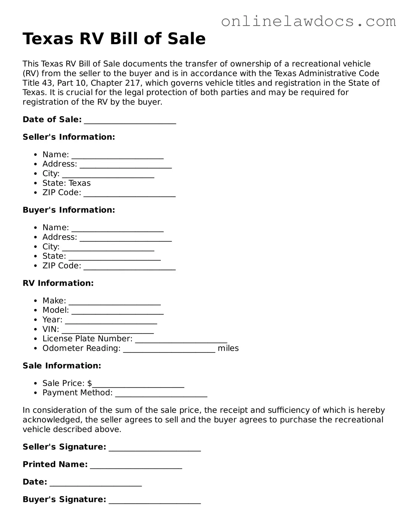Legal  RV Bill of Sale Document for Texas