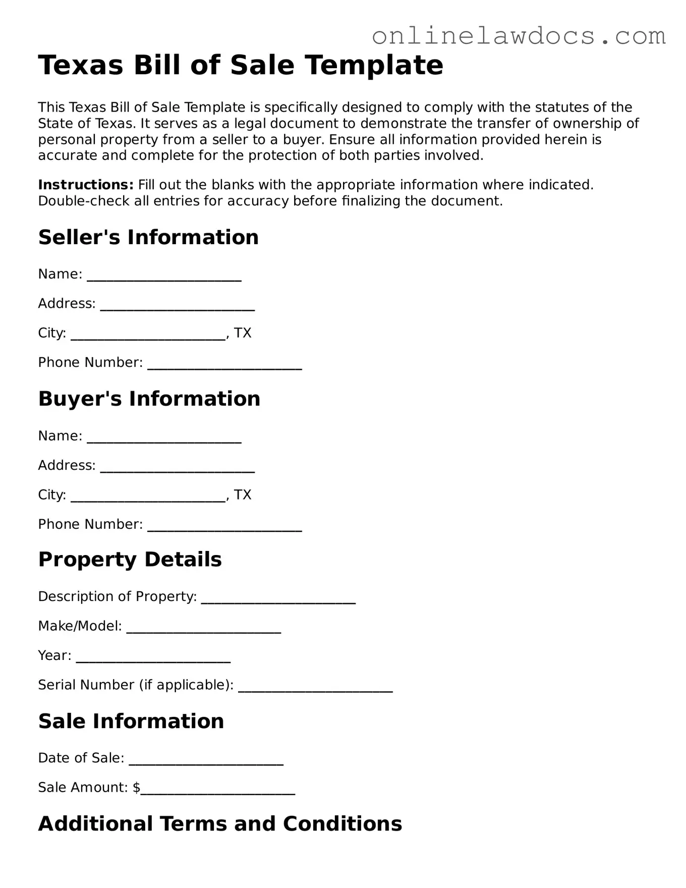 Legal  Bill of Sale Document for Texas