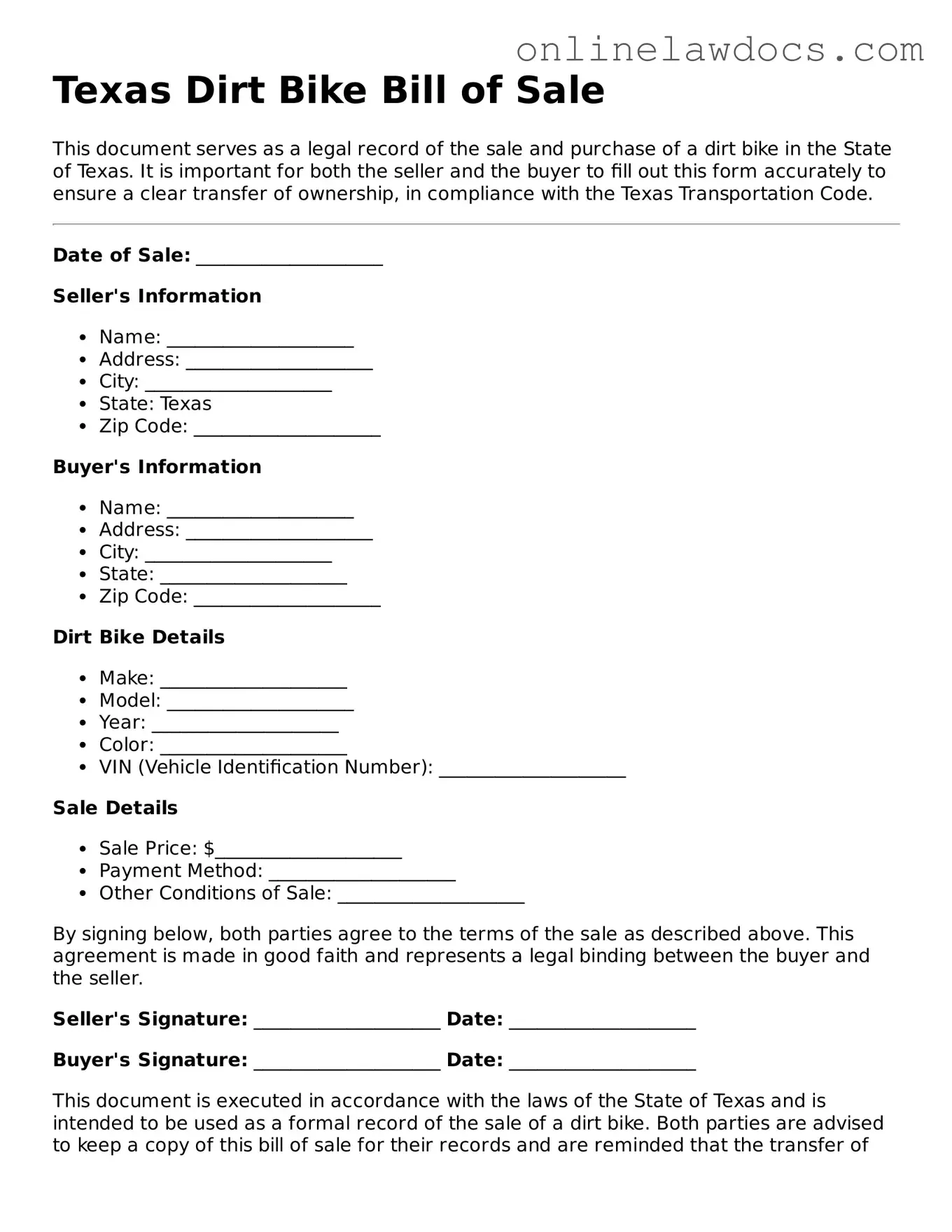Legal  Dirt Bike Bill of Sale Document for Texas