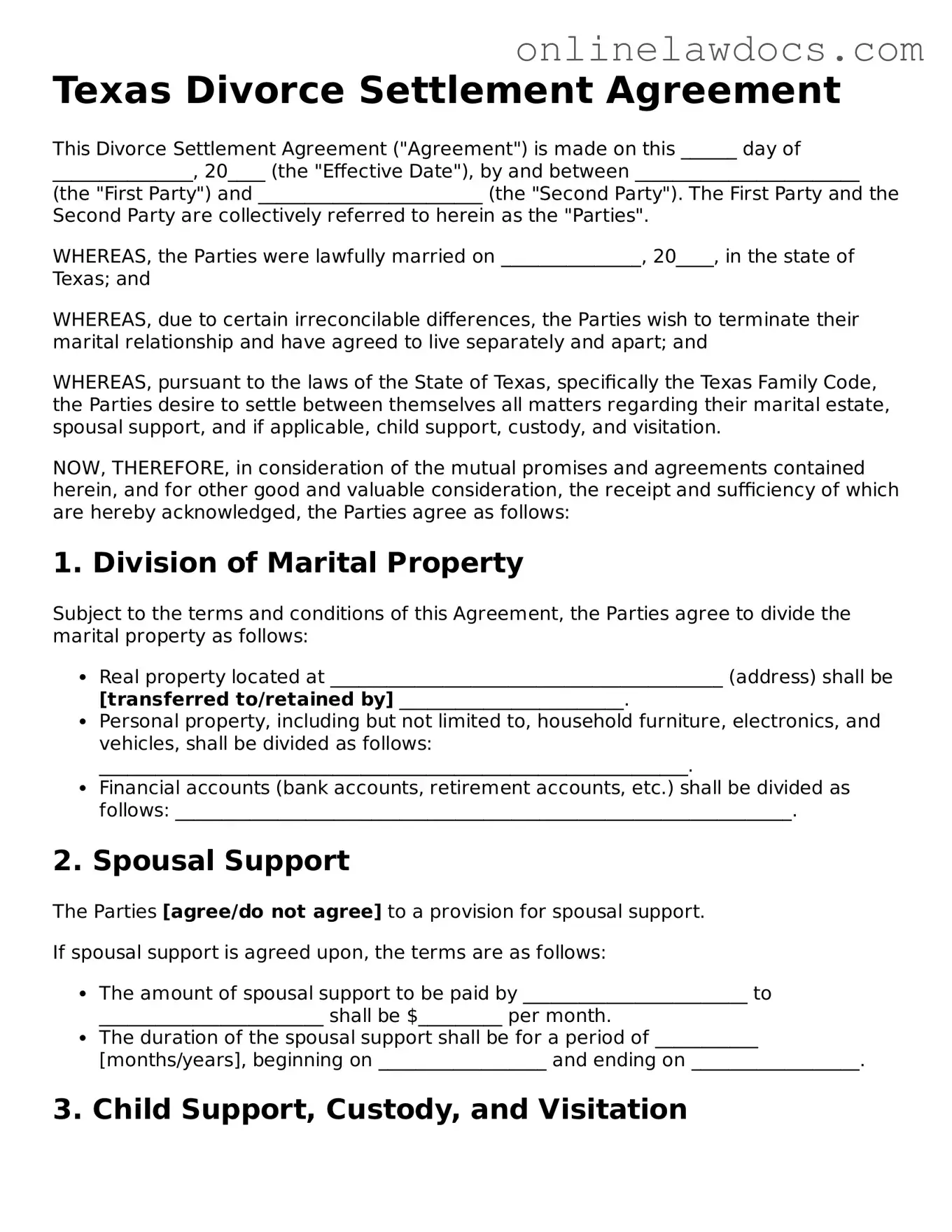 Legal  Divorce Settlement Agreement Document for Texas