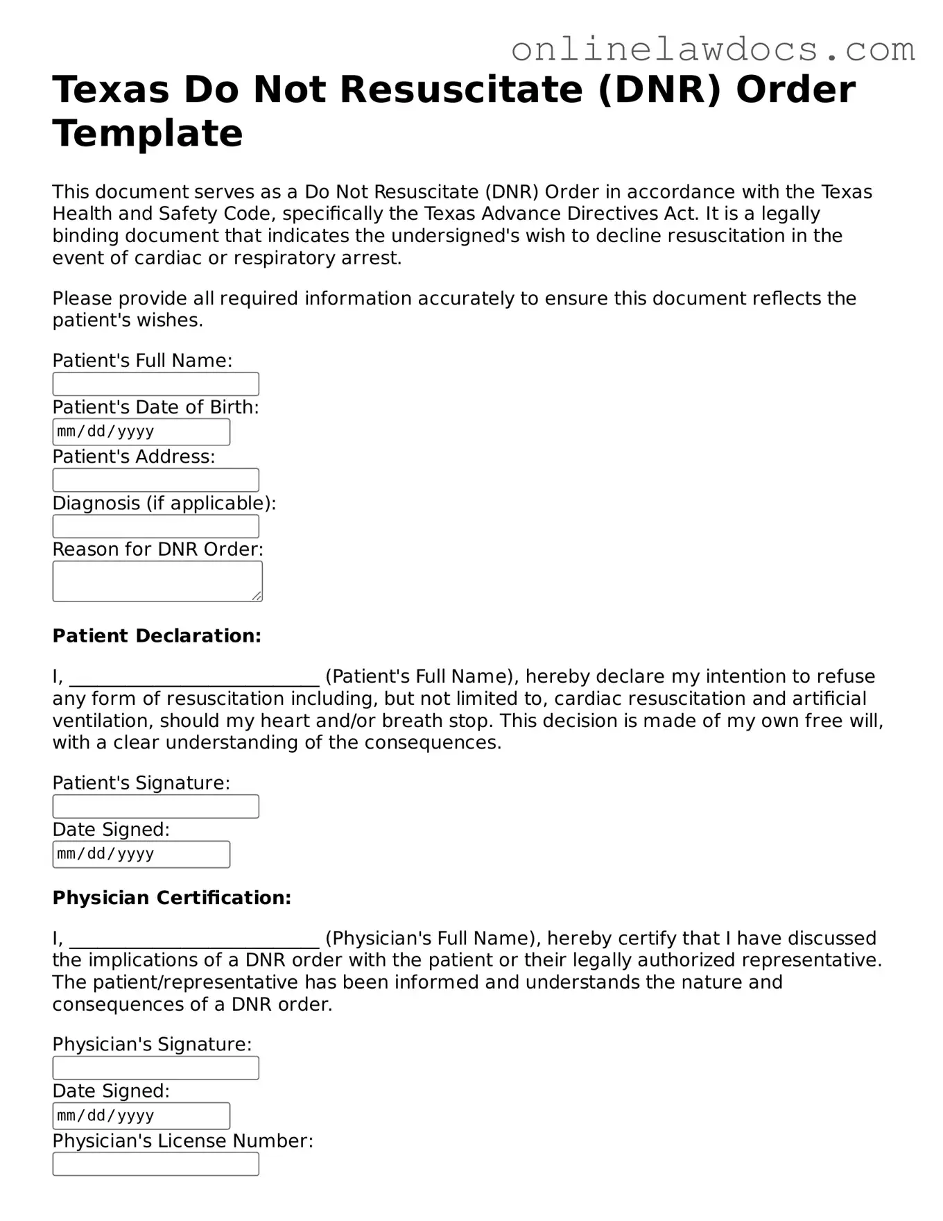 Legal  Do Not Resuscitate Order Document for Texas