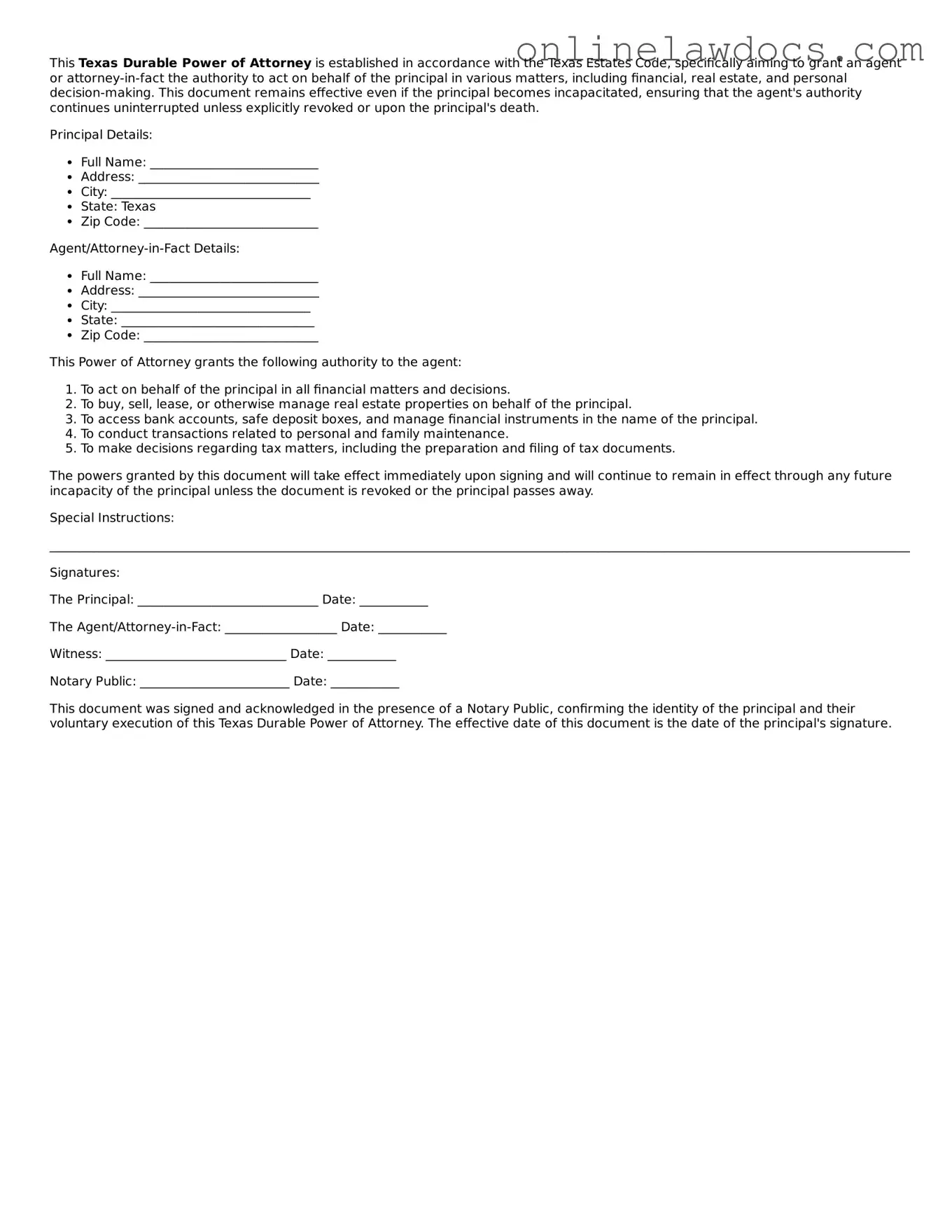 Legal  Durable Power of Attorney Document for Texas