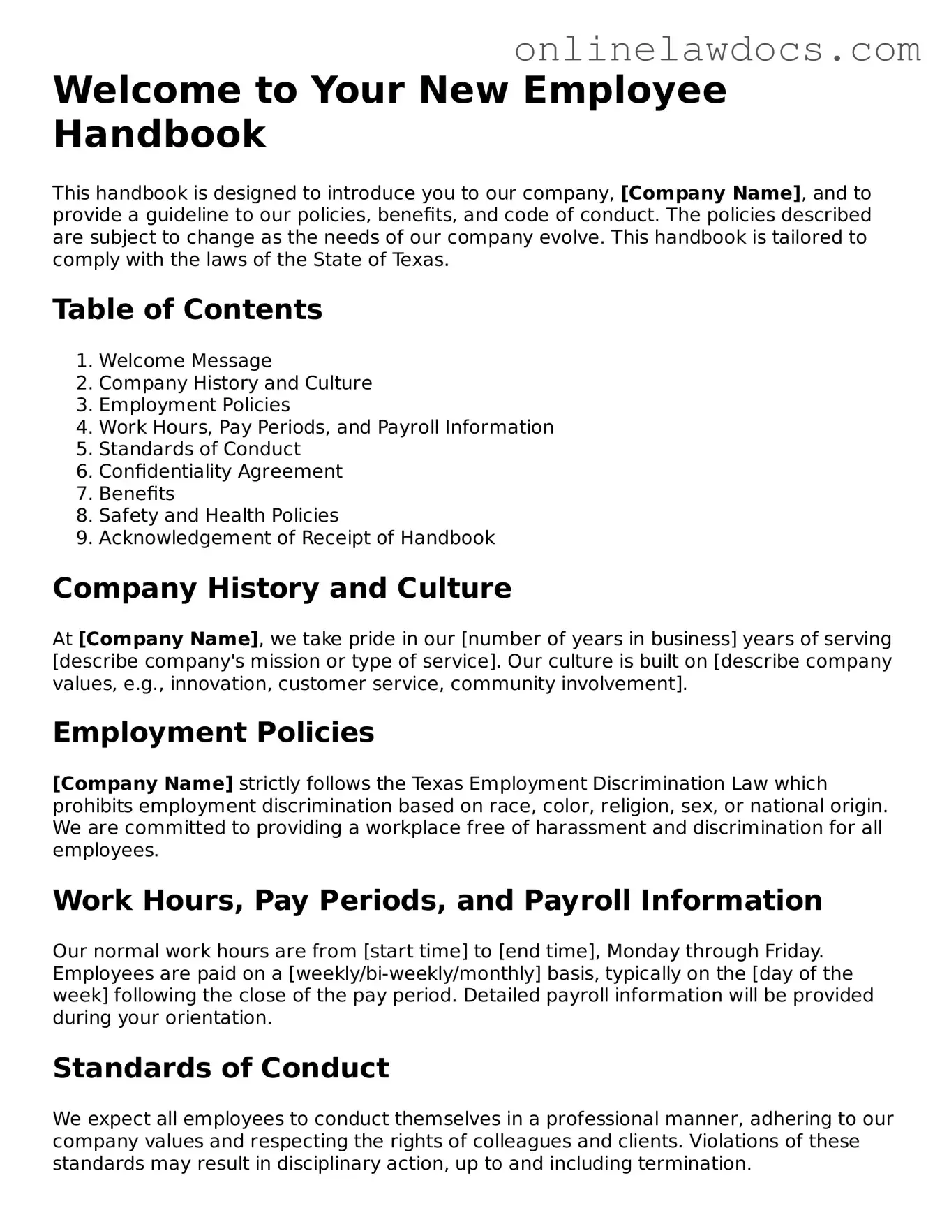 Legal  Employee Handbook Document for Texas