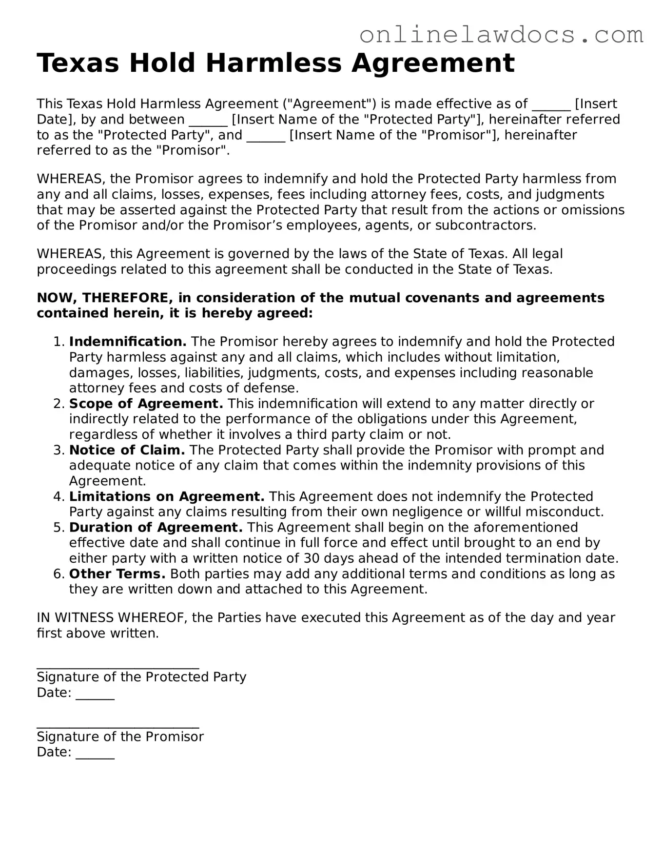 Legal  Hold Harmless Agreement Document for Texas