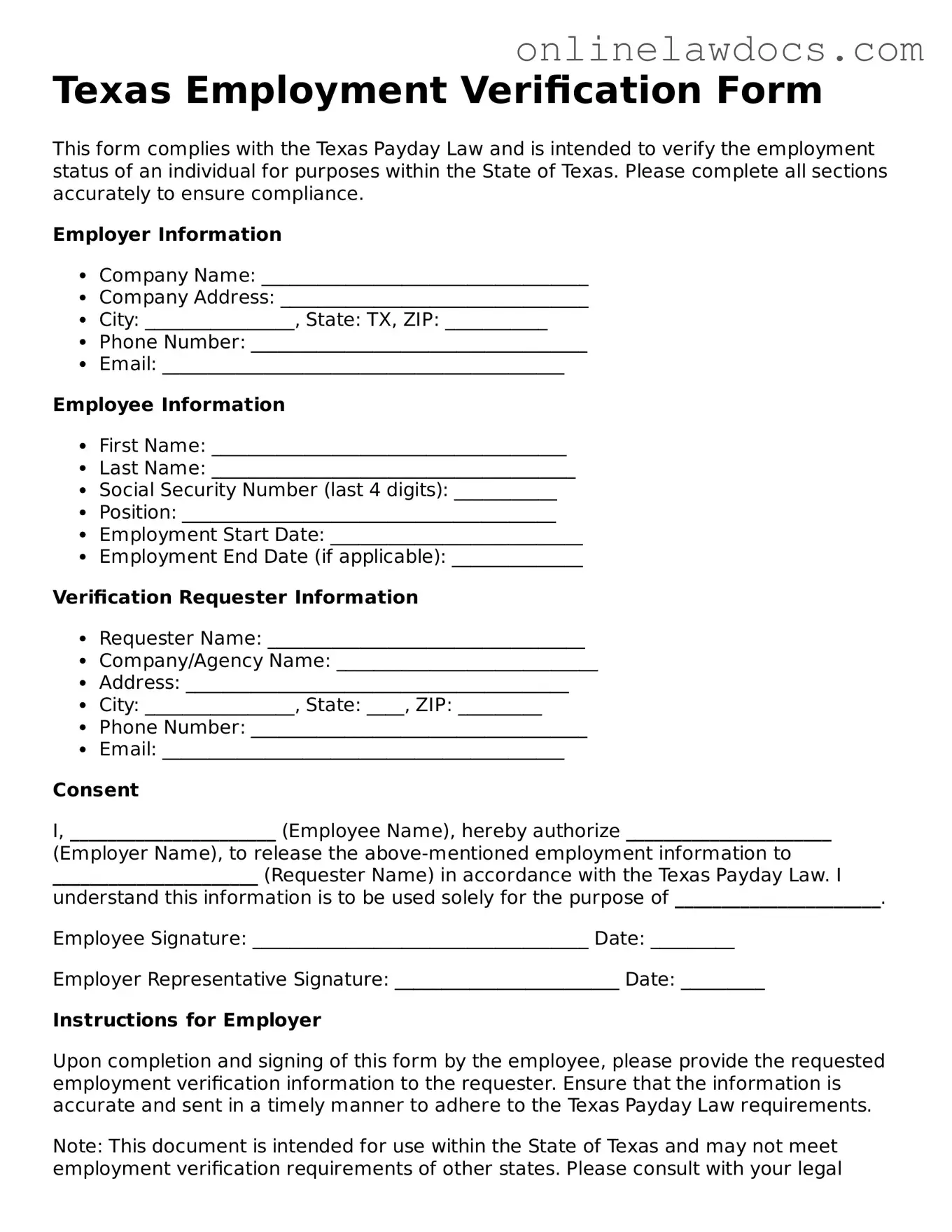 Legal  Employment Verification Document for Texas