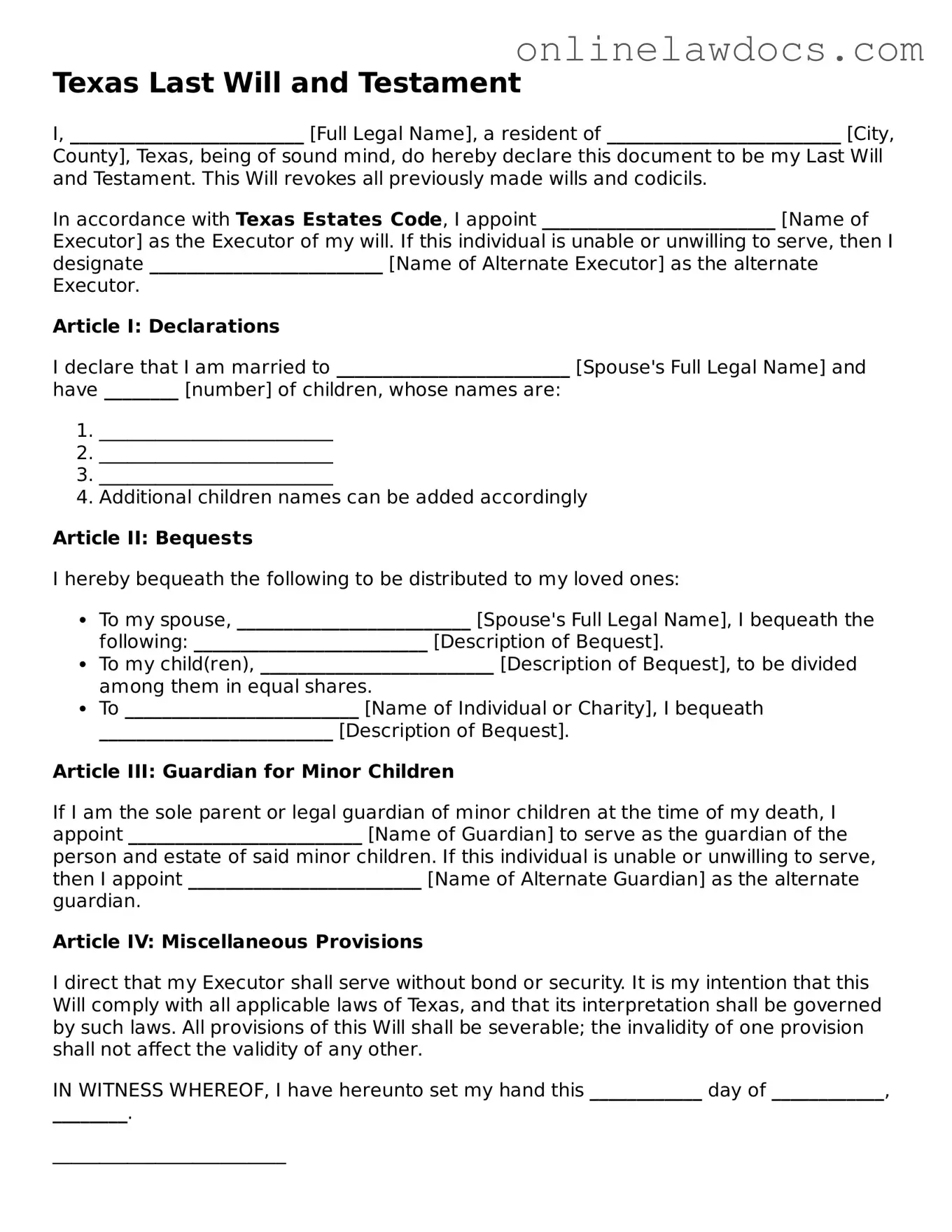 Legal  Last Will and Testament Document for Texas