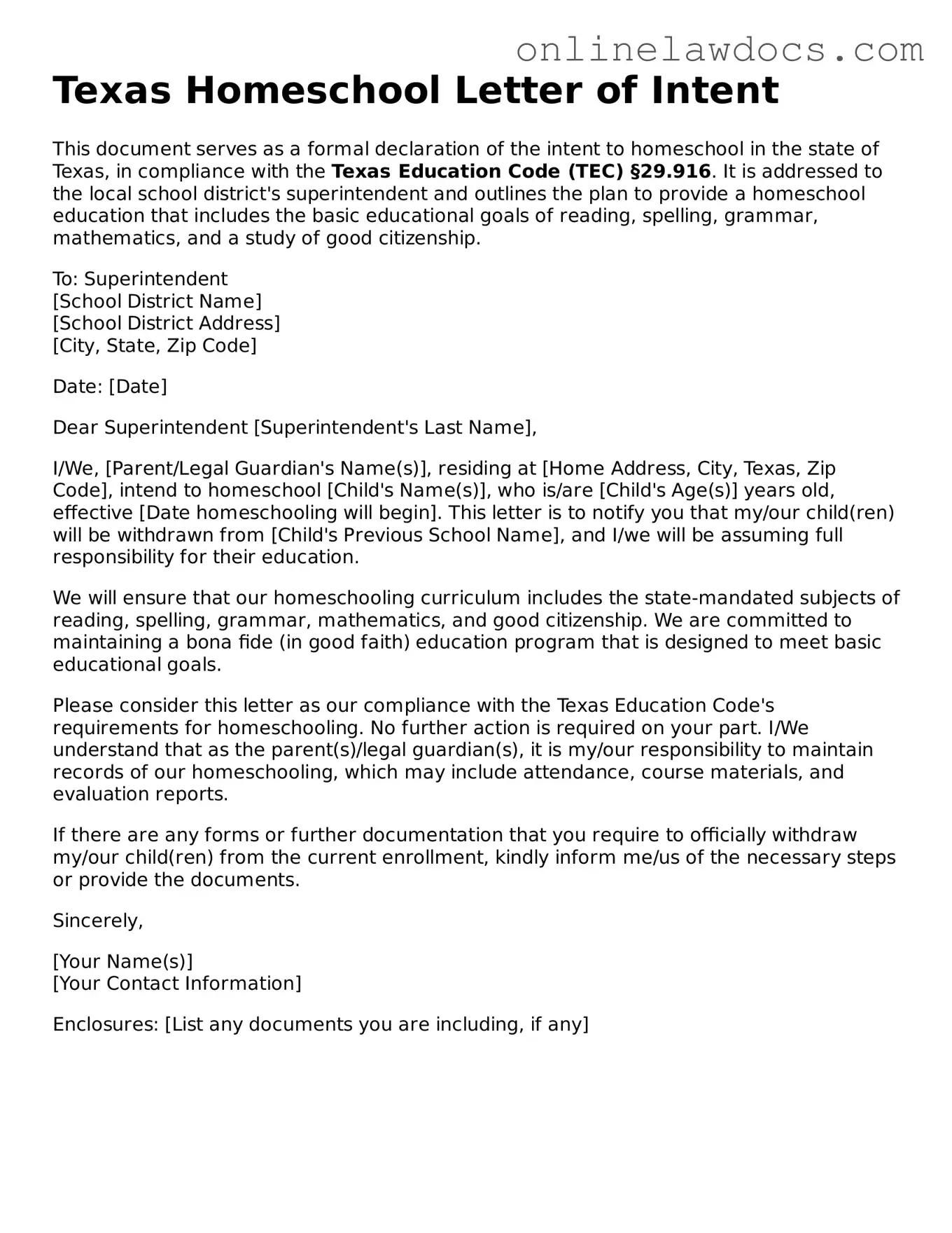 Legal  Homeschool Letter of Intent Document for Texas