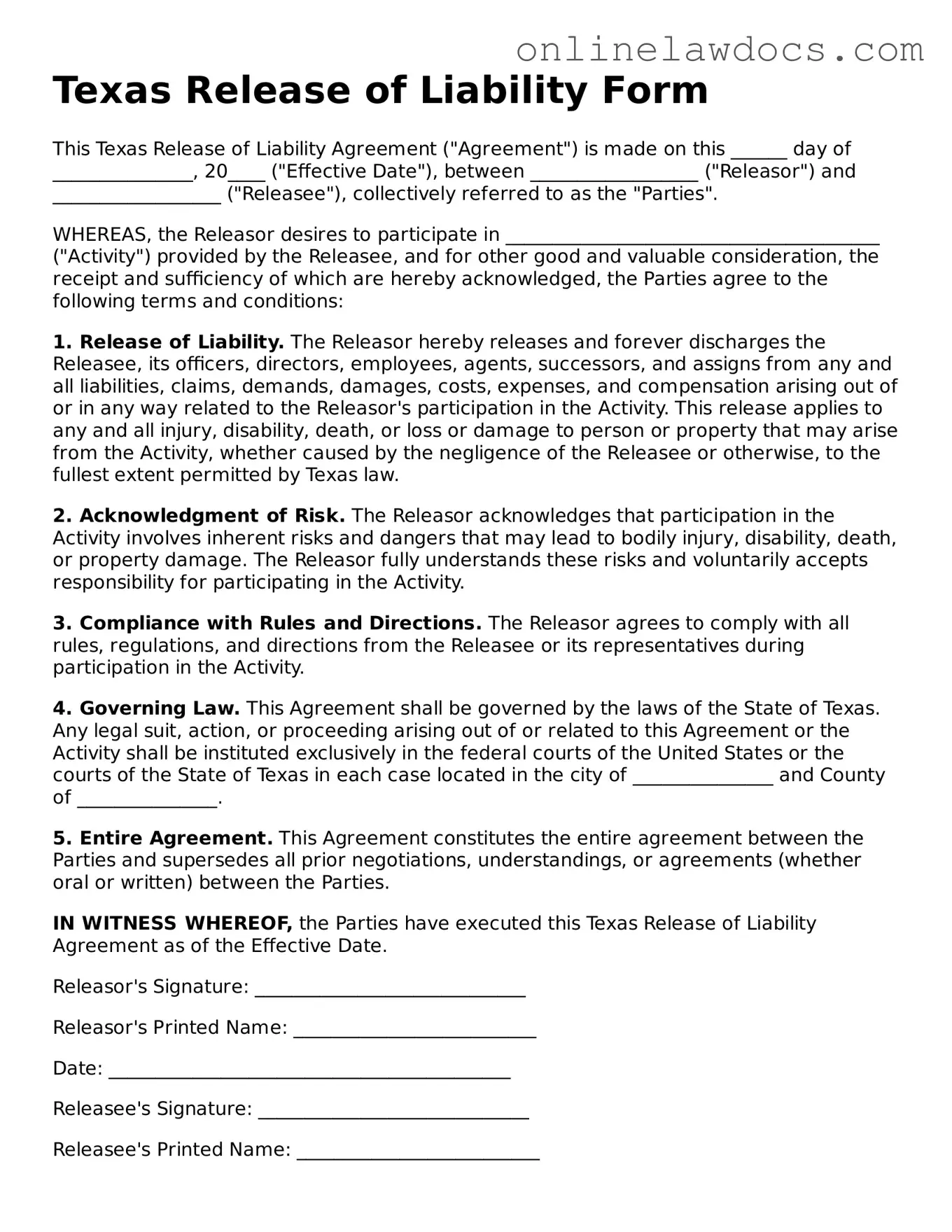 Legal  Release of Liability Document for Texas