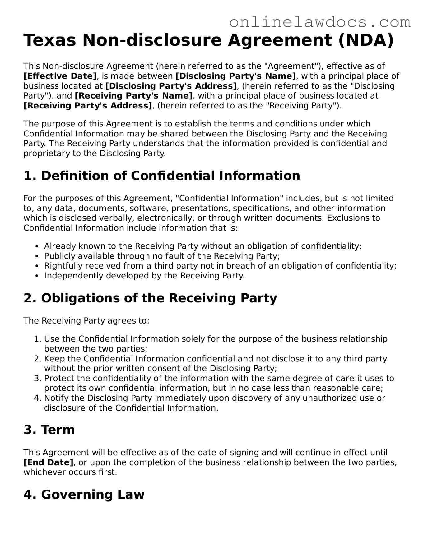 Legal  Non-disclosure Agreement Document for Texas