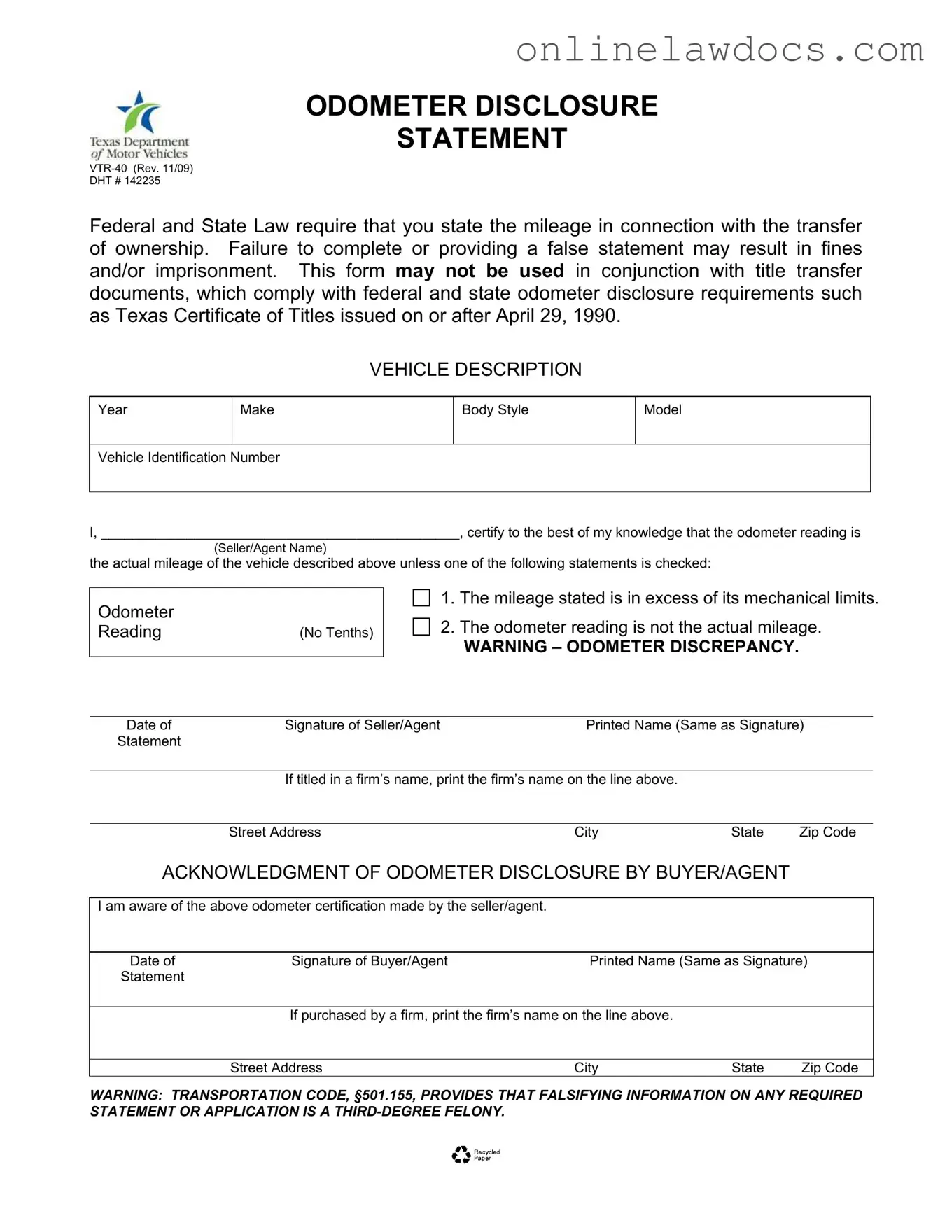 Fill a Valid Texas Odometer Statement Form