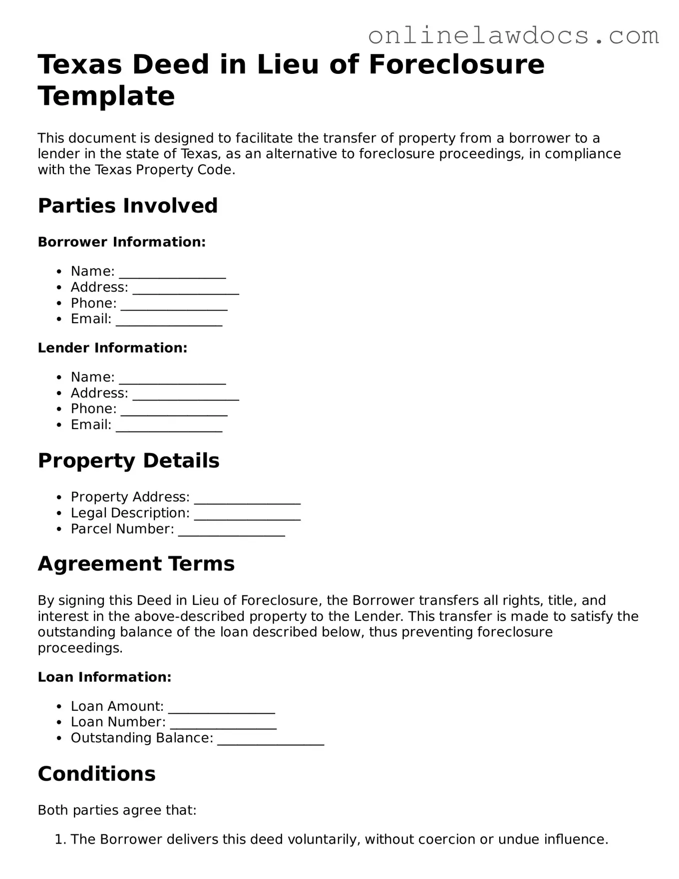 Legal  Deed in Lieu of Foreclosure Document for Texas