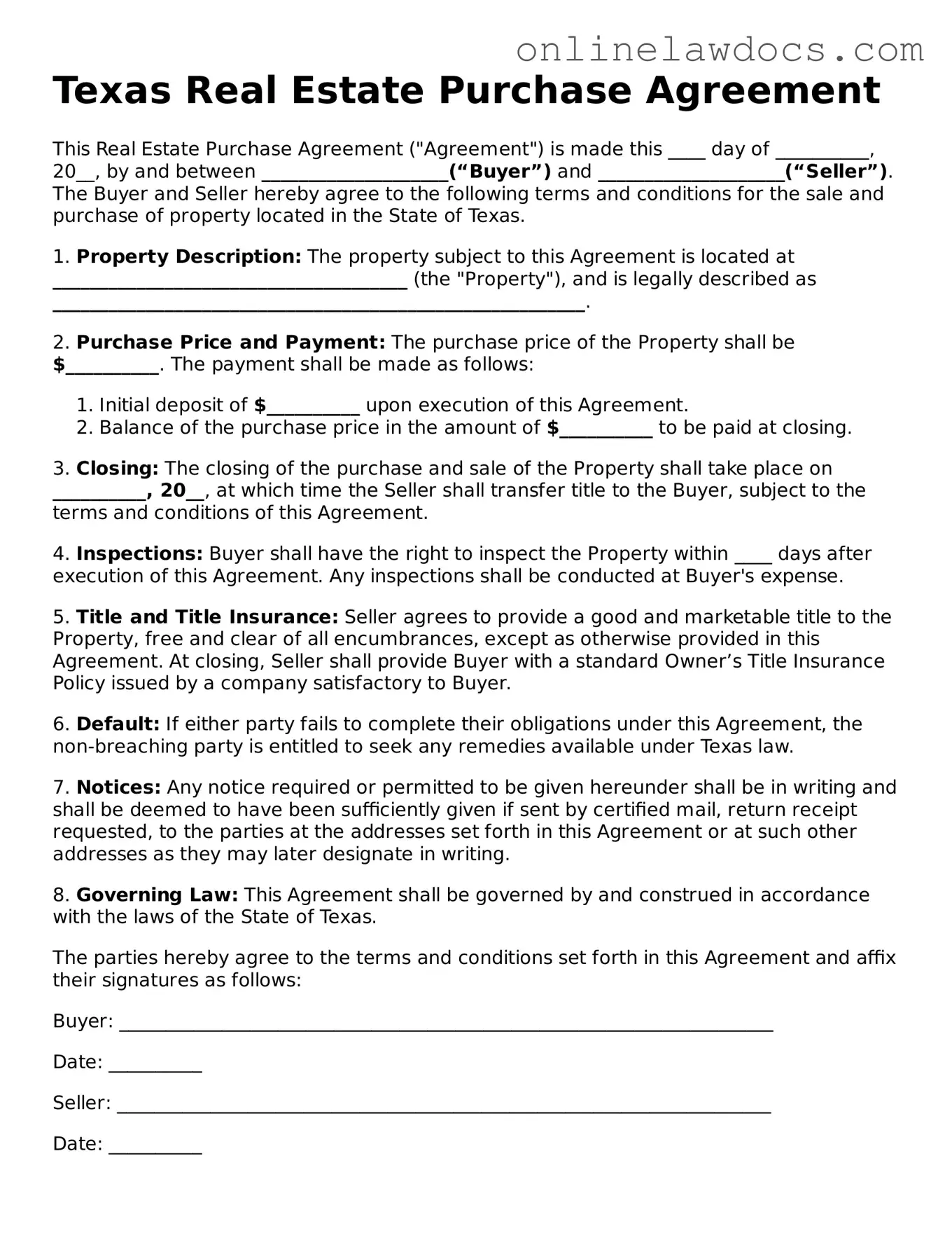 Legal  Real Estate Purchase Agreement Document for Texas