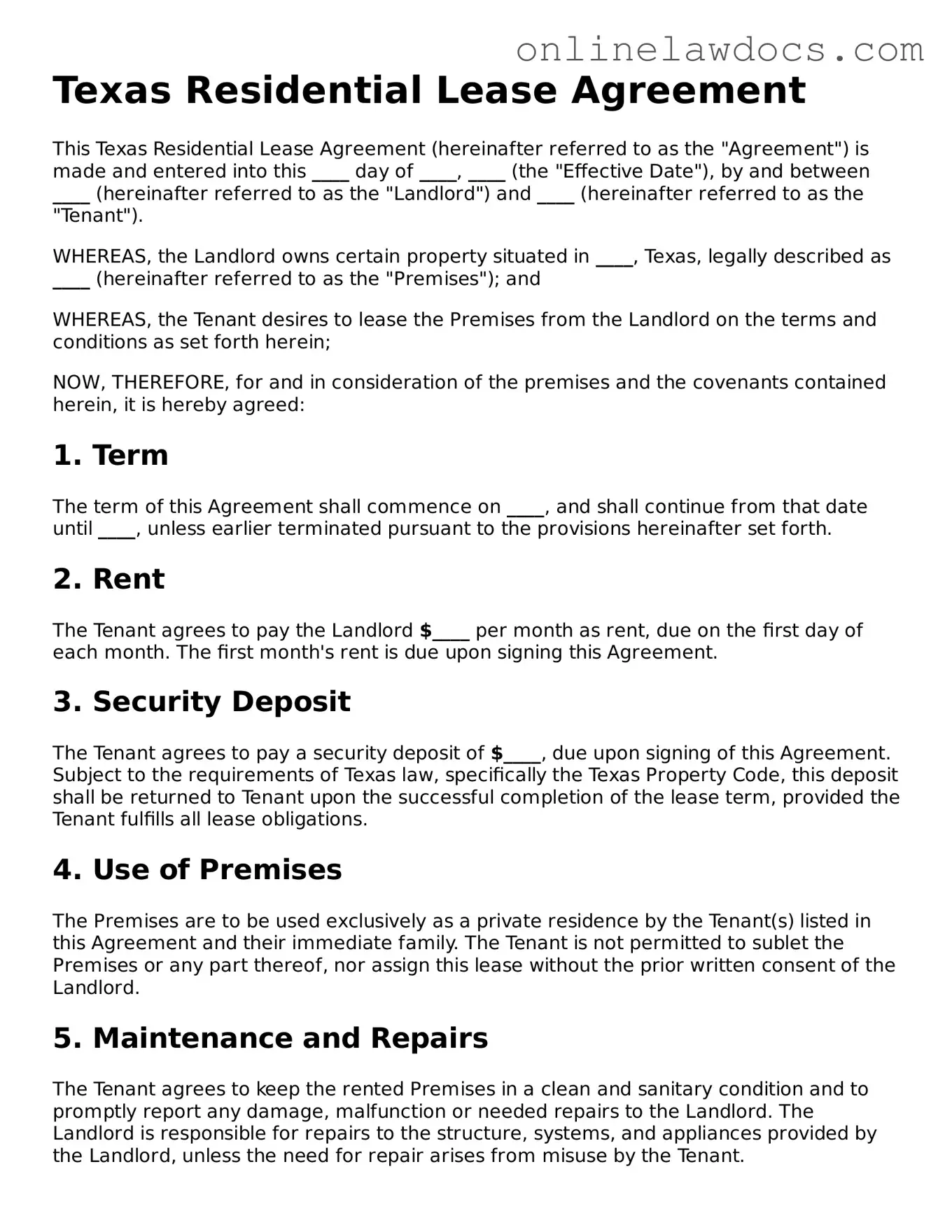 Legal  Residential Lease Agreement Document for Texas