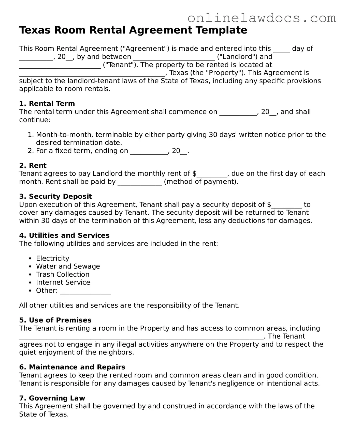 Legal  Room Rental Agreement Document for Texas