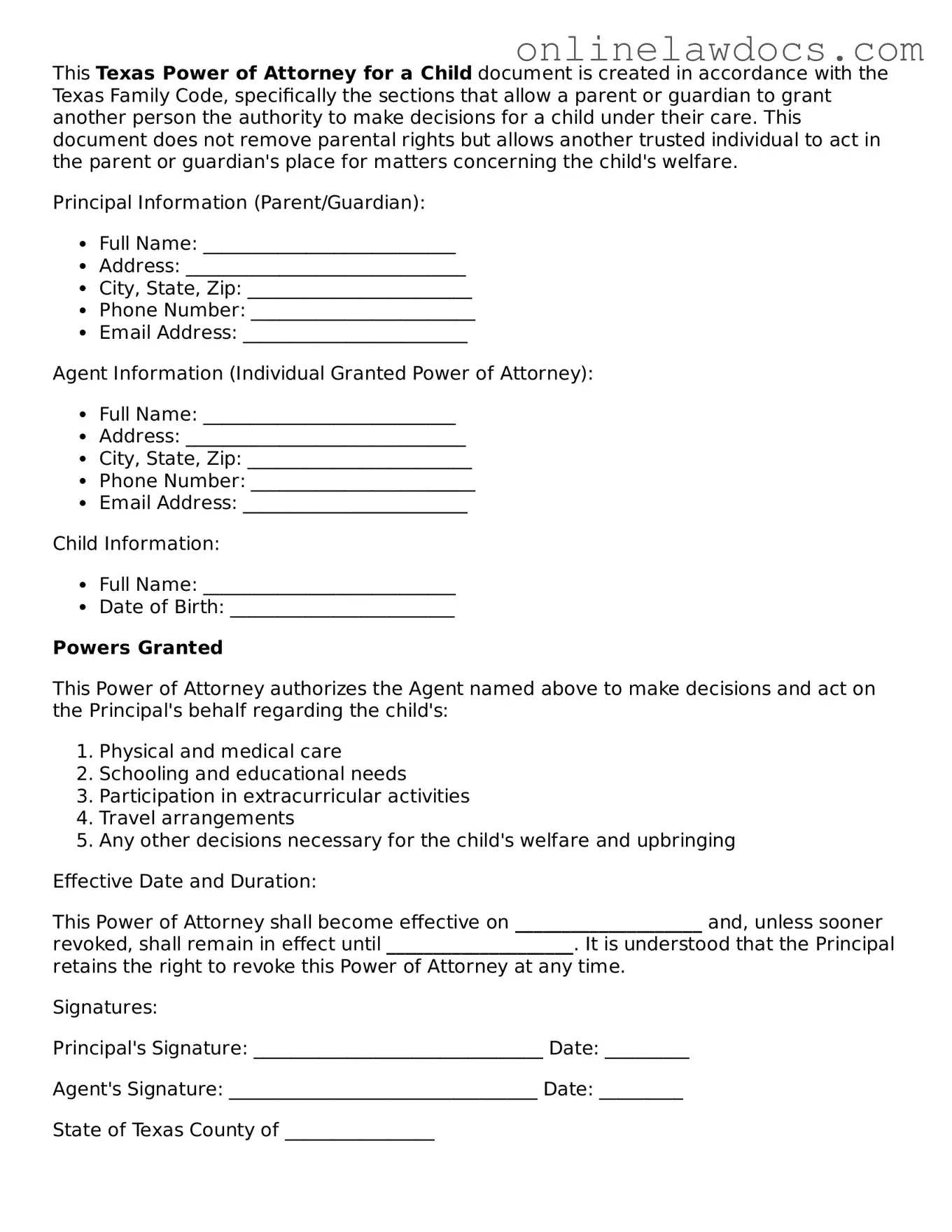 Legal  Power of Attorney for a Child Document for Texas
