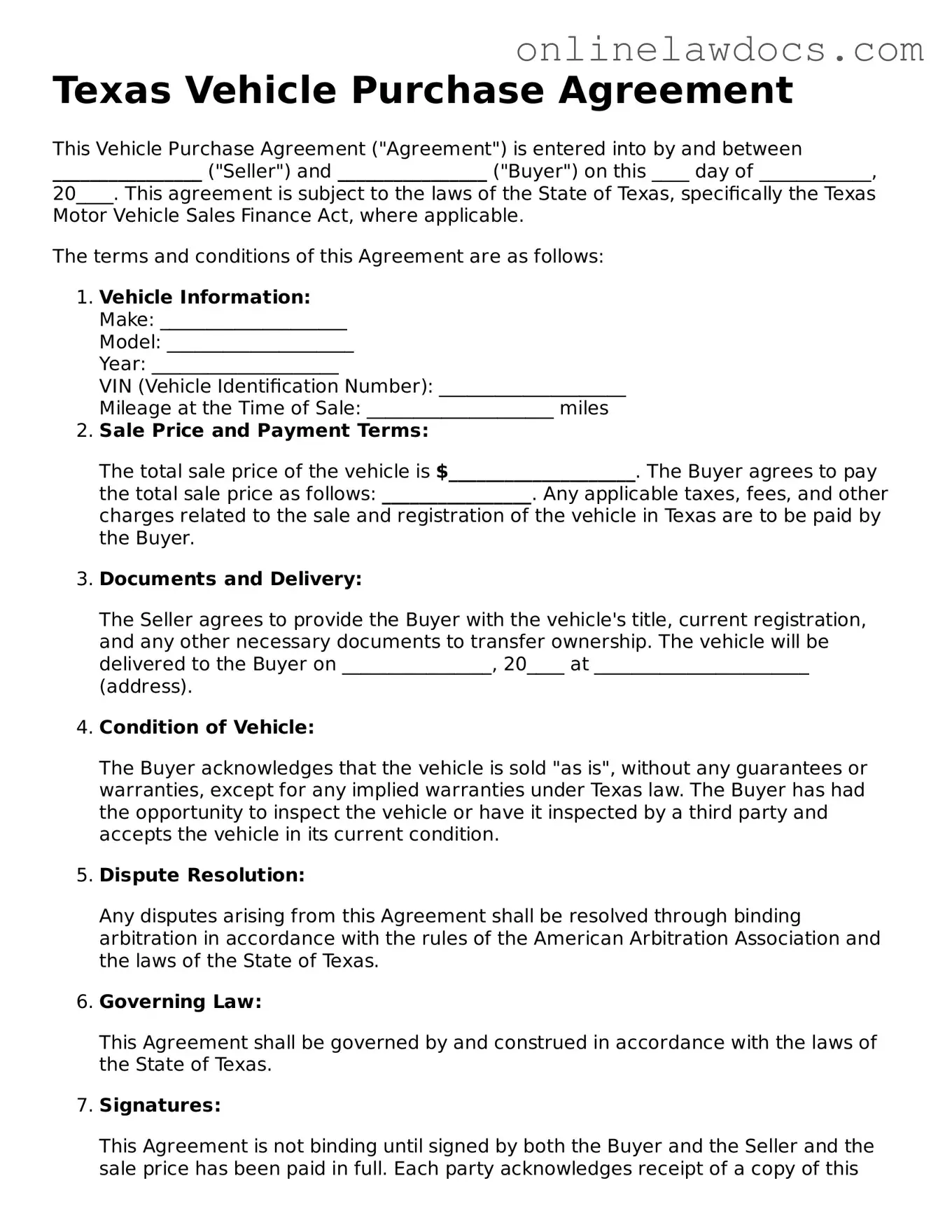 Legal  Vehicle Purchase Agreement Document for Texas