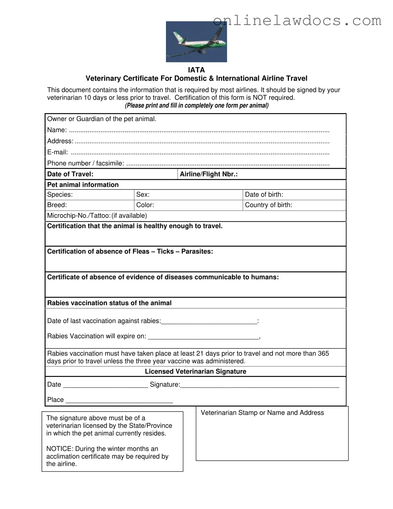 Fill a Valid Veterinary Certificate Travel Form