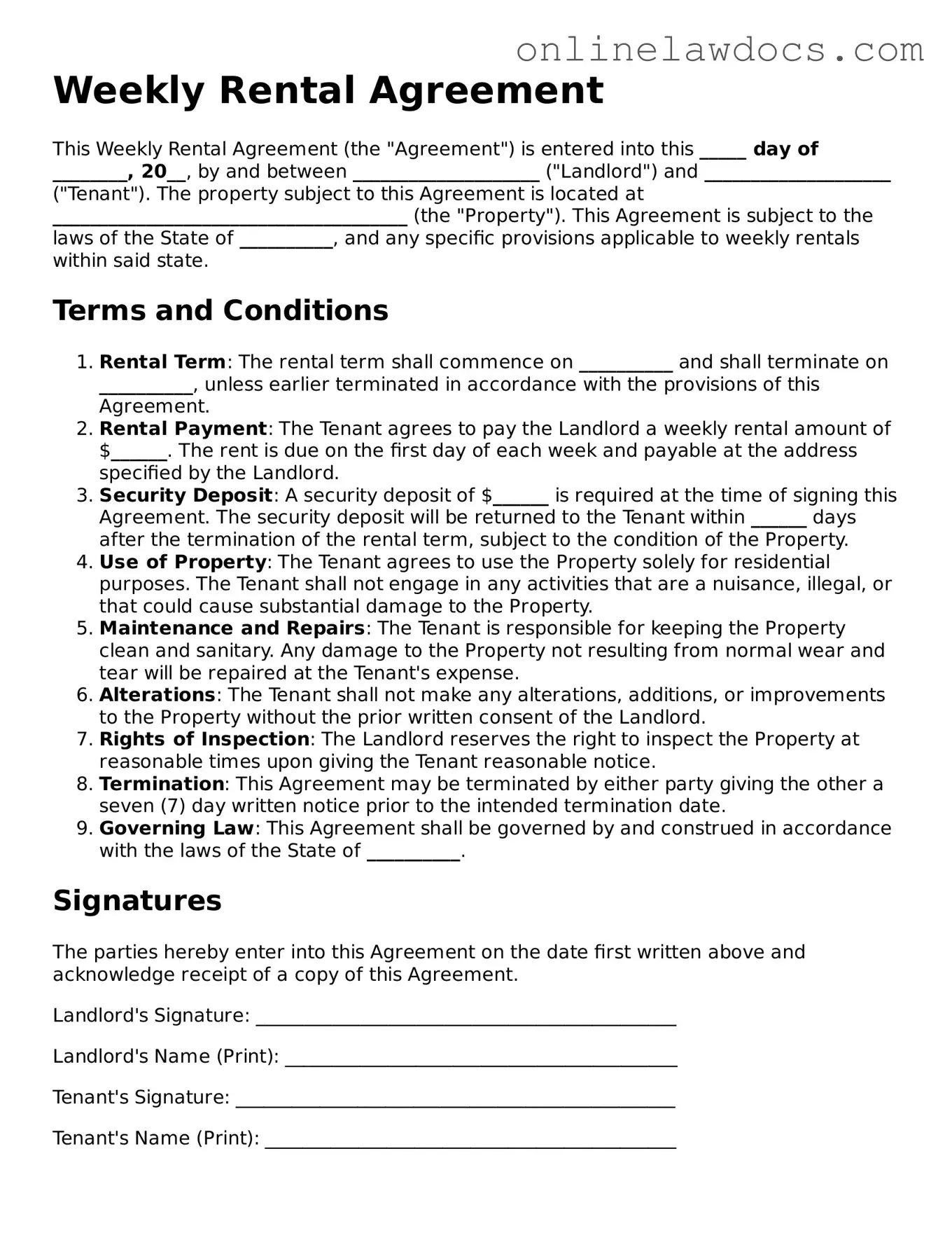 Free Weekly Rental Agreement Document