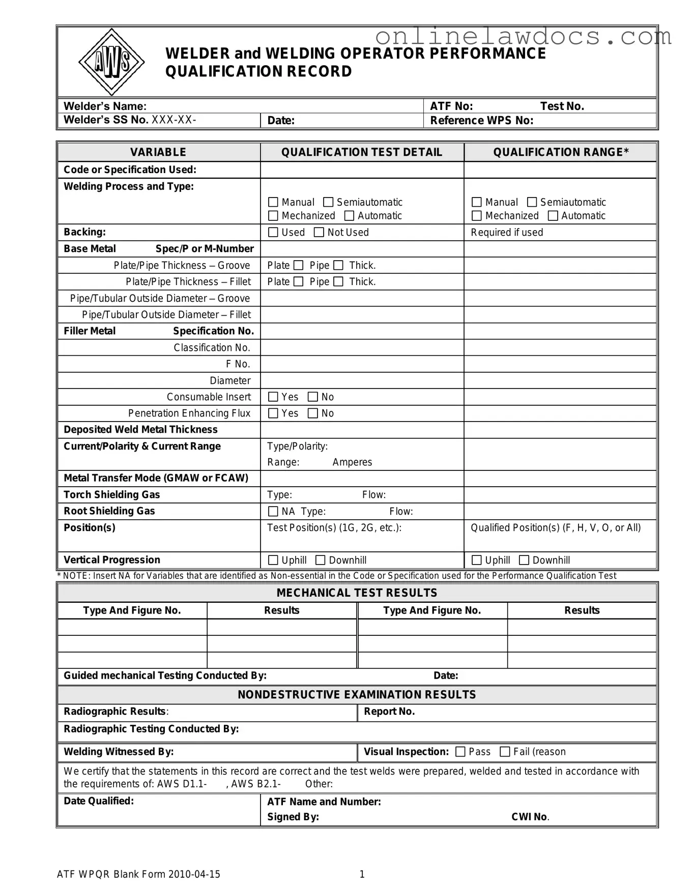 Fill a Valid Welder Performance Qualification Record Form